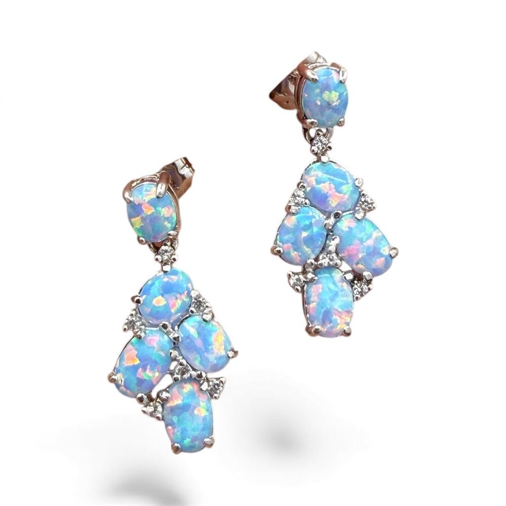 Created Blue Opal Created White Sapphires Dangle Earrings 925 Sterling Silver